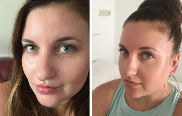 (Left) Right after getting lashes; (Right) Two weeks later in Greece and still going strong!